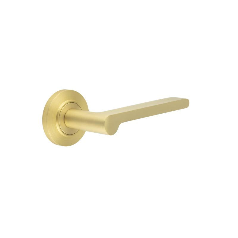 This is an image showing the Frelan - Fitzrovia Door Handles Chamfered Rose Satin Brass available to order from T.H. Wiggans Ironmongery in Kendal