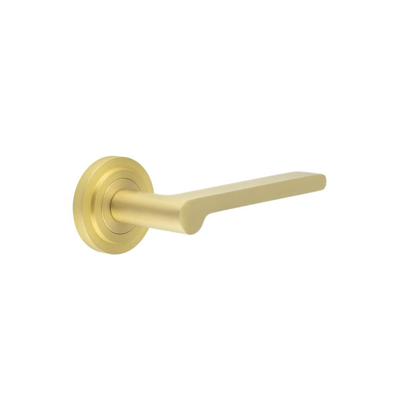 This is an image showing the Frelan - Fitzrovia Door Handles Stepped Rose Satin Brass available to order from T.H. Wiggans Ironmongery in Kendal