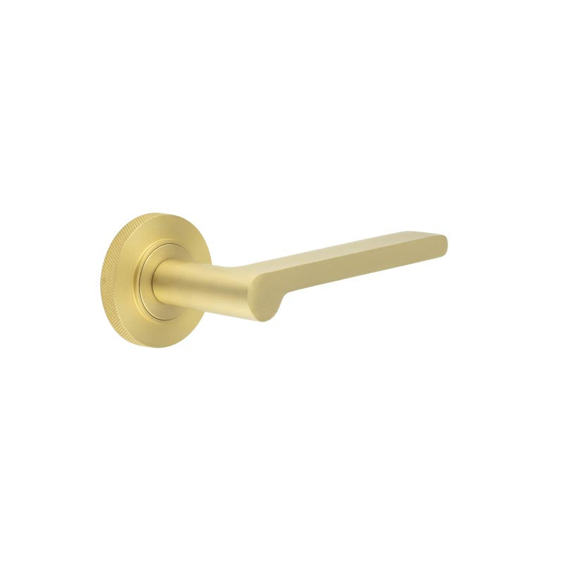 This is an image showing the Frelan - Fitzrovia Door Handles Knurled Rose Satin Brass available to order from T.H. Wiggans Ironmongery in Kendal