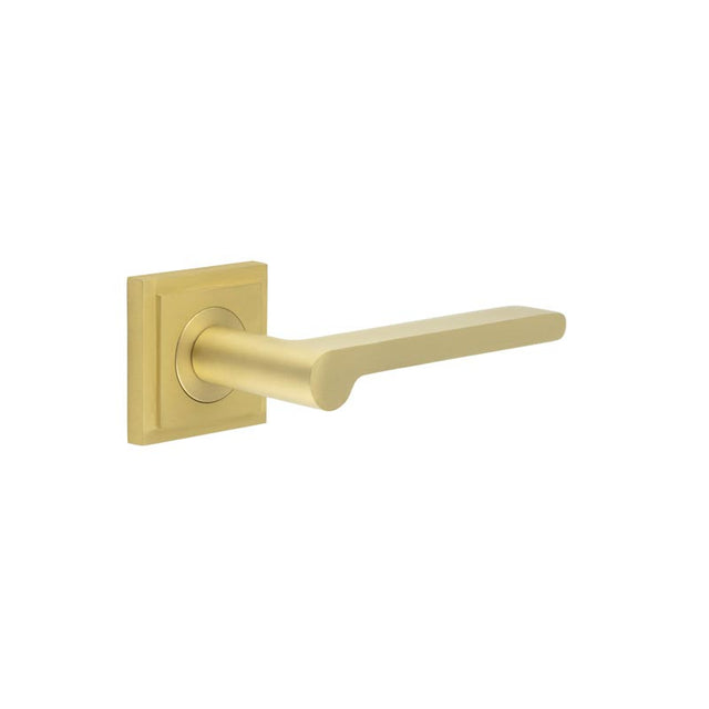 This is an image showing the Frelan - Fitzrovia Door Handles Square Stepped Rose Satin Brass available to order from T.H. Wiggans Ironmongery in Kendal