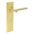 This is an image showing the Frelan - Fitzrovia Door Handle Lock Backplate Satin Brass available to order from T.H. Wiggans Ironmongery in Kendal