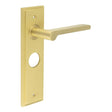 This is an image showing the Frelan - Fitzrovia Door Handle Bathroom Backplate Satin Brass available to order from T.H. Wiggans Ironmongery in Kendal