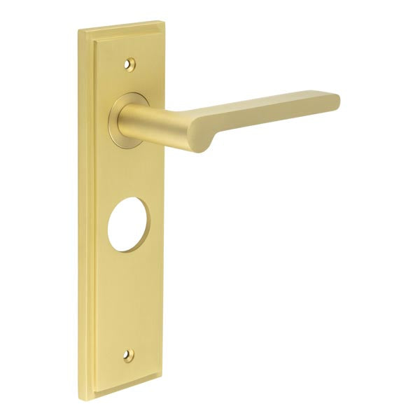 This is an image showing the Frelan - Fitzrovia Door Handle Bathroom Backplate Satin Brass available to order from T.H. Wiggans Ironmongery in Kendal