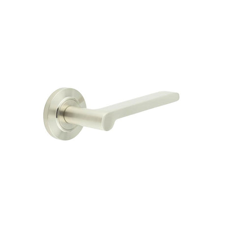 This is an image showing the Frelan - Fitzrovia Door Handles Chamfered Rose Satin Nickel available to order from T.H. Wiggans Ironmongery in Kendal