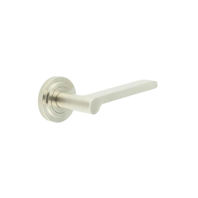 This is an image showing the Frelan - Fitzrovia Door Handles Stepped Rose Satin Nickel available to order from T.H. Wiggans Ironmongery in Kendal