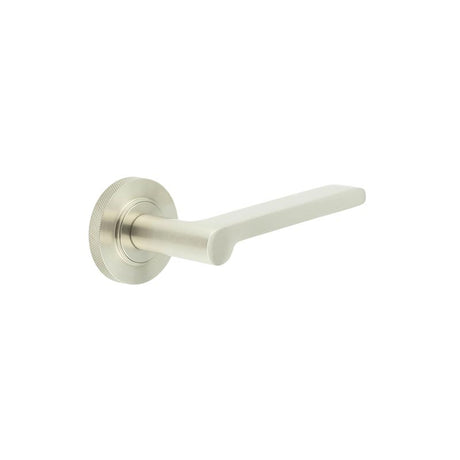 This is an image showing the Frelan - Fitzrovia Door Handles Knurled Rose Satin Nickel available to order from T.H. Wiggans Ironmongery in Kendal