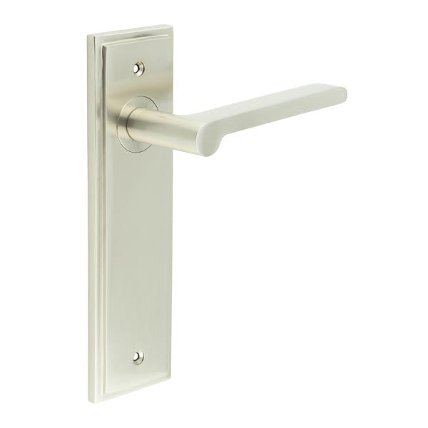 This is an image showing the Frelan - Fitzrovia Door Handle Latch Backplate Satin Nickel available to order from T.H. Wiggans Ironmongery in Kendal