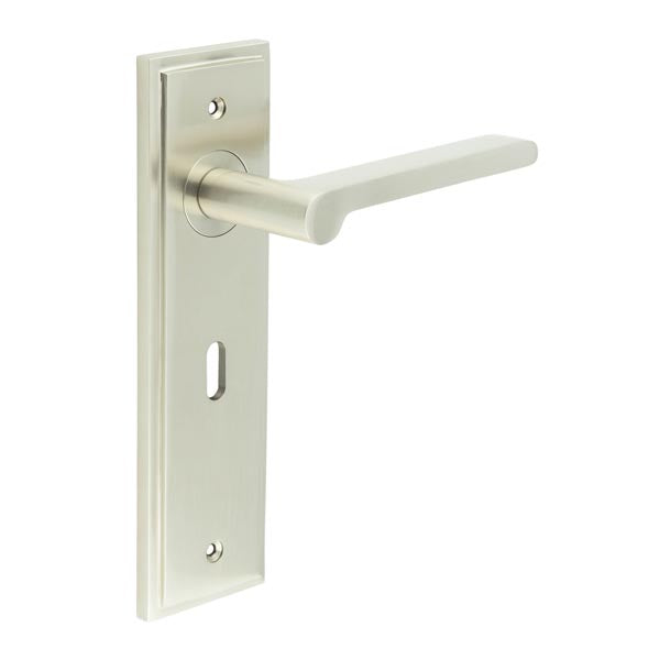 This is an image showing the Frelan - Fitzrovia Door Handle Lock Backplate Satin Nickel available to order from T.H. Wiggans Ironmongery in Kendal