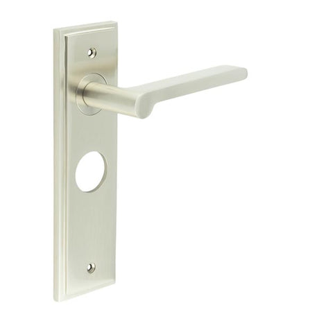 This is an image showing the Frelan - Fitzrovia Door Handle Bathroom Backplate Satin Nickel available to order from T.H. Wiggans Ironmongery in Kendal