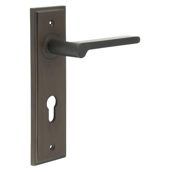 This is an image showing the Frelan - Fitzrovia Door Handle Din Euro Backplate Dark Bronze available to order from T.H. Wiggans Ironmongery in Kendal