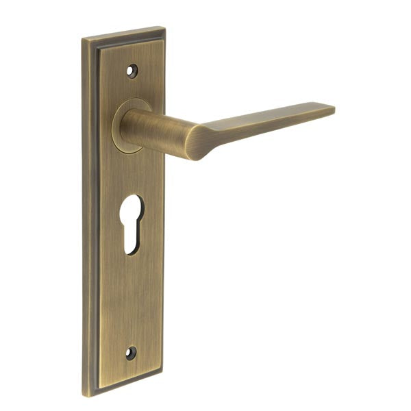 This is an image showing the Frelan - Knightbridge Door Handle Euro Backplate Antique Brass available to order from T.H. Wiggans Ironmongery in Kendal