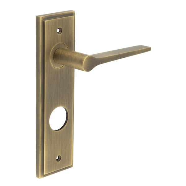 This is an image showing the Frelan - Knightbridge Door Handle Din Bathroom Backplate Antique Brass available to order from T.H. Wiggans Ironmongery in Kendal