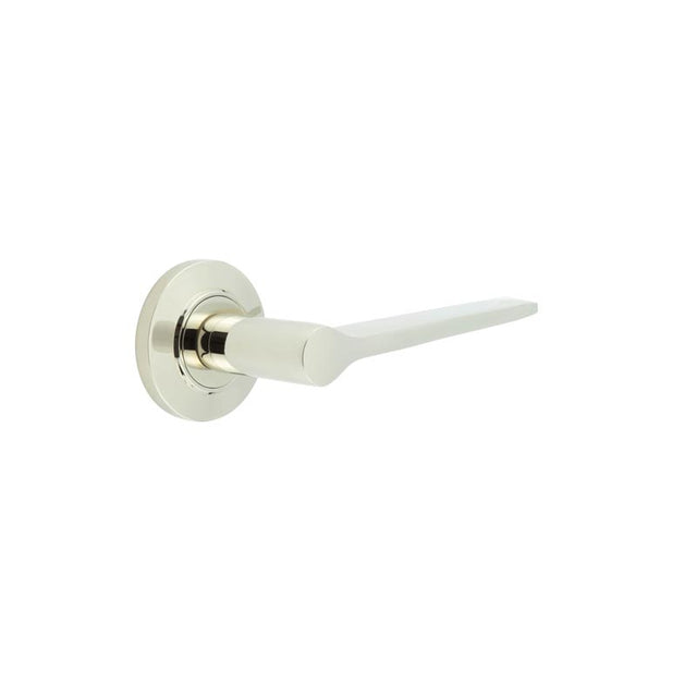 This is an image showing the Frelan - Knightsbridge Door Handle on Chamfered Rose Polished Nickel available to order from T.H. Wiggans Ironmongery in Kendal