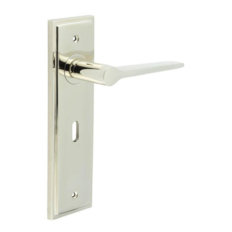 This is an image showing the Frelan - Knightbridge Door Handle Lock Backplate Polished Nickel available to order from T.H. Wiggans Ironmongery in Kendal