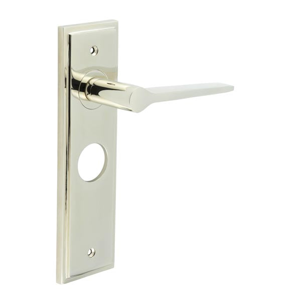 This is an image showing the Frelan - Knightbridge Door Handle Bathroom Backplate Polished Nickel available to order from T.H. Wiggans Ironmongery in Kendal