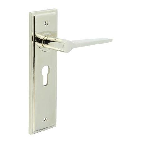 This is an image showing the Frelan - Knightbridge Door Handle Euro Backplate Polished Nickel available to order from T.H. Wiggans Ironmongery in Kendal