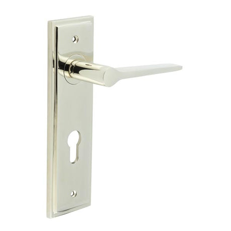 This is an image showing the Frelan - Knightbridge Door Handle Din Euro Backplate Polished Nickel available to order from T.H. Wiggans Ironmongery in Kendal