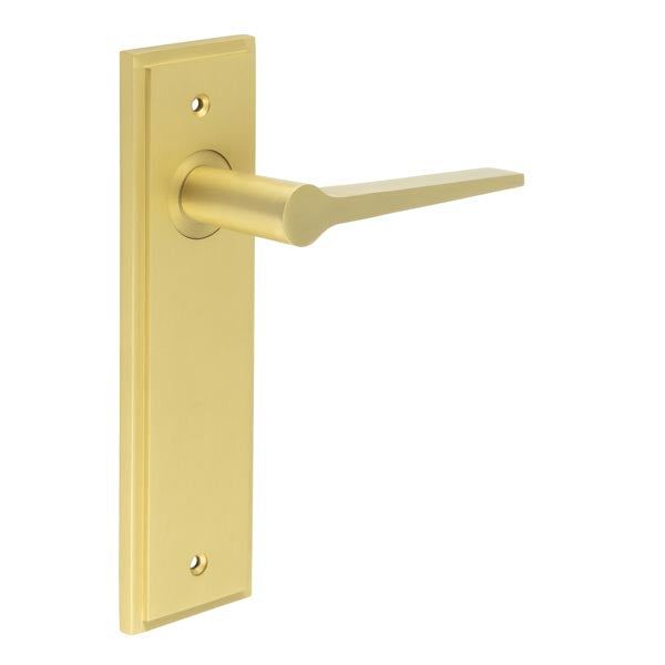 This is an image showing the Frelan - Knightbridge Door Handle Latch Backplate Satin Brass available to order from T.H. Wiggans Ironmongery in Kendal