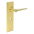 This is an image showing the Frelan - Knightbridge Door Handle Lock Backplate Satin Brass available to order from T.H. Wiggans Ironmongery in Kendal