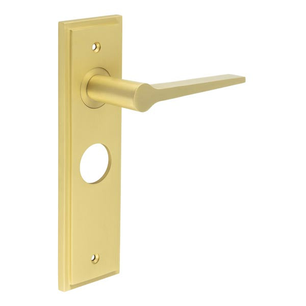 This is an image showing the Frelan - Knightbridge Door Handle Bathroom Backplate Satin Brass available to order from T.H. Wiggans Ironmongery in Kendal