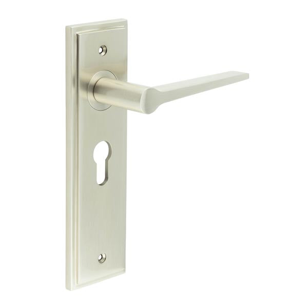 This is an image showing the Frelan - Knightbridge Door Handle Euro Backplate Satin Nickel available to order from T.H. Wiggans Ironmongery in Kendal