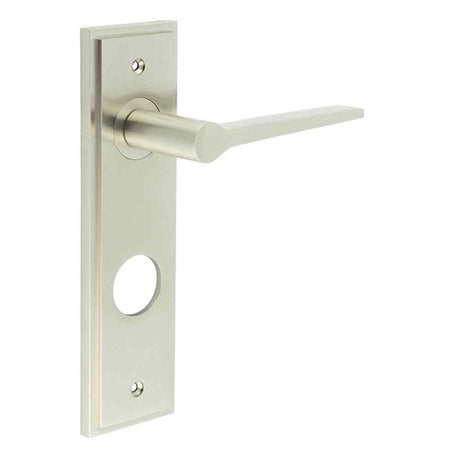 This is an image showing the Frelan - Knightbridge Door Handle Din Bathroom Backplate Satin Nickel available to order from T.H. Wiggans Ironmongery in Kendal