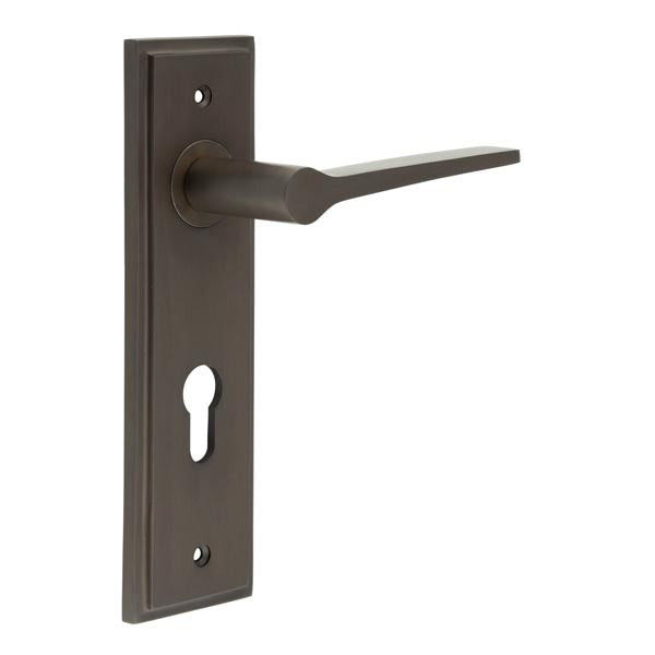 This is an image showing the Frelan - Knightbridge Door Handle Din Euro Backplate Dark Bronze available to order from T.H. Wiggans Ironmongery in Kendal