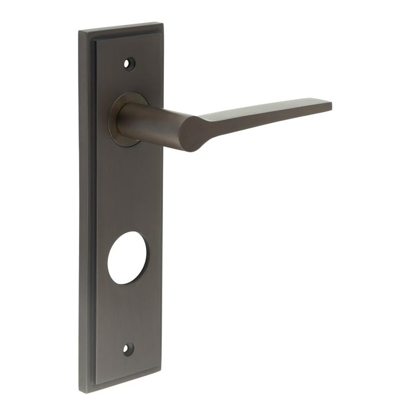 This is an image showing the Frelan - Knightbridge Door Handle Din Bathroom Backplate Dark Bronze available to order from T.H. Wiggans Ironmongery in Kendal