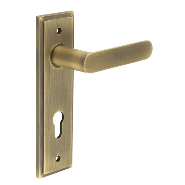 This is an image showing the Frelan - Kensington Door Handle Din Euro Backplate Antique Brass available to order from T.H. Wiggans Ironmongery in Kendal