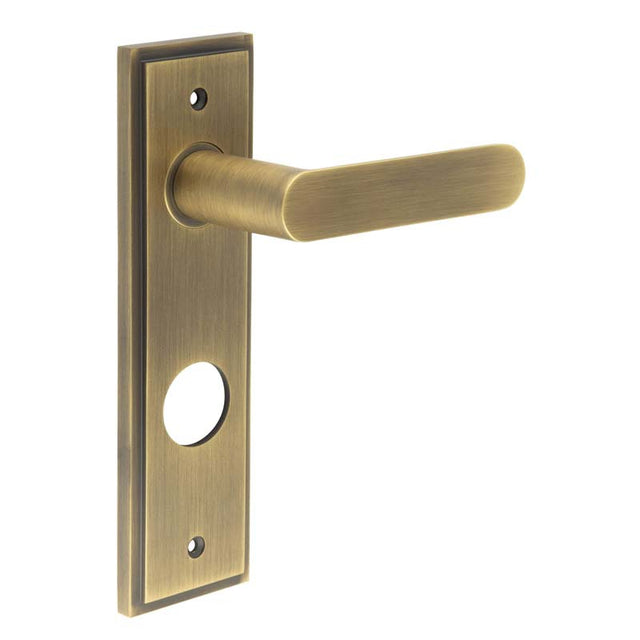 This is an image showing the Frelan - Kensington Door Handle Din Bathroom Backplate Antique Brass available to order from T.H. Wiggans Ironmongery in Kendal