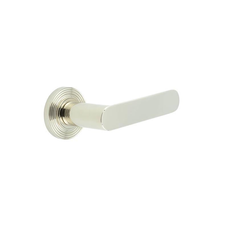 This is an image showing the Frelan - Kensington Door Handles Reeded Rose Polished Nickel available to order from T.H. Wiggans Ironmongery in Kendal