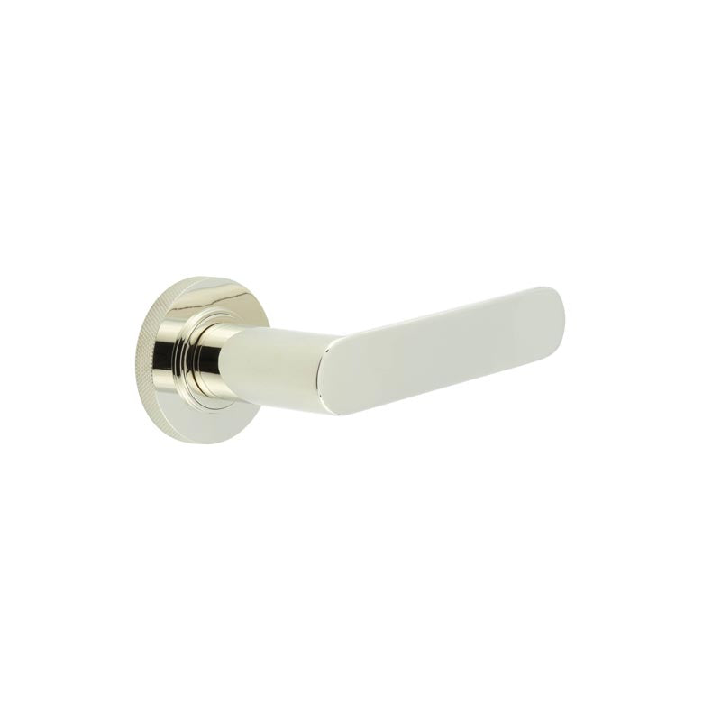 This is an image showing the Frelan - Kensington Door Handles Knurled Rose Polished Nickel available to order from T.H. Wiggans Ironmongery in Kendal