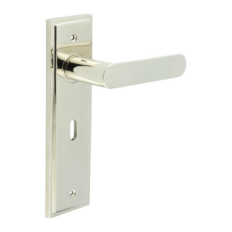 This is an image showing the Frelan - Kensington Door Handle Lock Backplate Polished Nickel available to order from T.H. Wiggans Ironmongery in Kendal