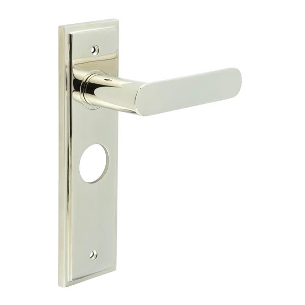 This is an image showing the Frelan - Kensington Door Handle Bathroom Backplate Polished Nickel available to order from T.H. Wiggans Ironmongery in Kendal