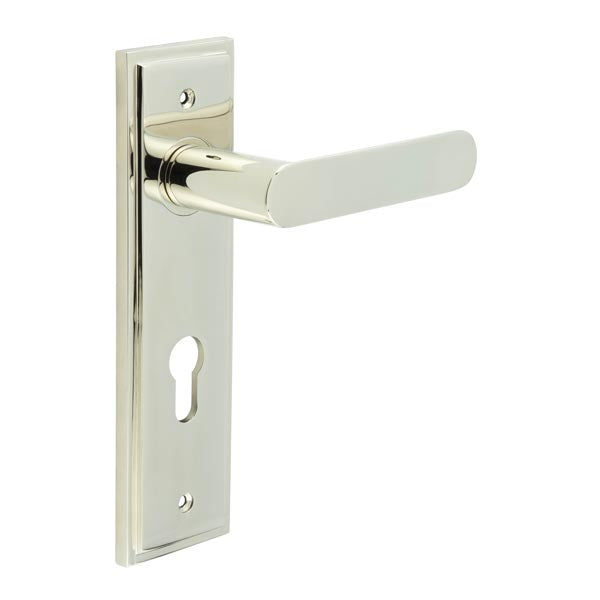 This is an image showing the Frelan - Kensington Door Handle Din Euro Backplate Polished Nickel available to order from T.H. Wiggans Ironmongery in Kendal