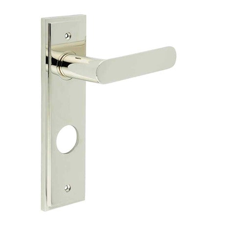 This is an image showing the Frelan - Kensington Door Handle Din Bathroom Backplate Polished Nickel available to order from T.H. Wiggans Ironmongery in Kendal