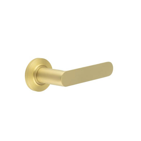 This is an image showing the Frelan - Kensington Door Handles Chamfered Rose Satin Brass available to order from T.H. Wiggans Ironmongery in Kendal