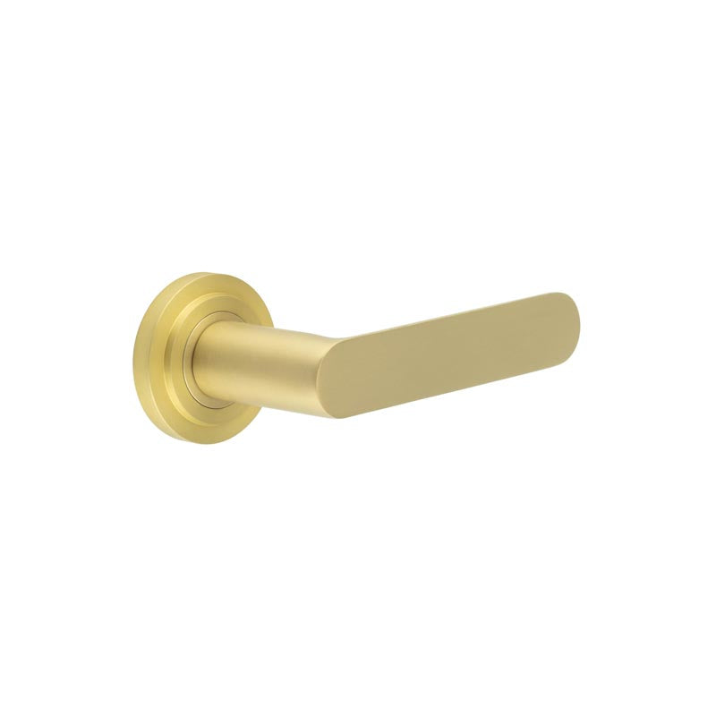 This is an image showing the Frelan - Kensington Door Handles Stepped Rose Satin Brass available to order from T.H. Wiggans Ironmongery in Kendal