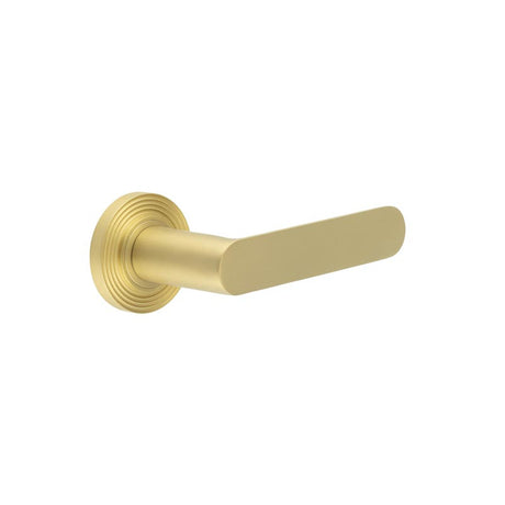 This is an image showing the Frelan - Kensington Door Handles Reeded Rose Satin Brass available to order from T.H. Wiggans Ironmongery in Kendal