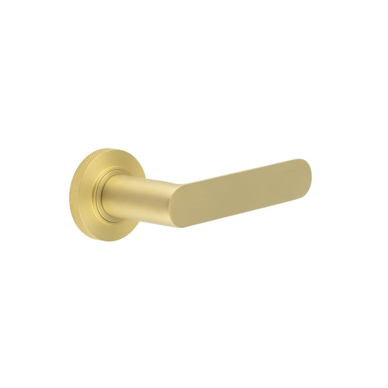 This is an image showing the Frelan - Kensington Door Handles Knurled Rose Satin Brass available to order from T.H. Wiggans Ironmongery in Kendal