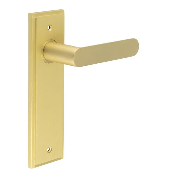 This is an image showing the Frelan - Kensington Door Handle Latch Backplate Satin Brass available to order from T.H. Wiggans Ironmongery in Kendal