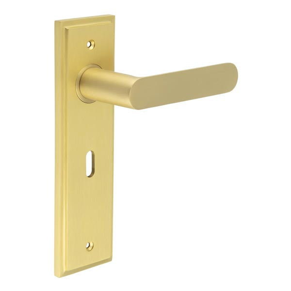 This is an image showing the Frelan - Kensington Door Handle Lock Backplate Satin Brass available to order from T.H. Wiggans Ironmongery in Kendal