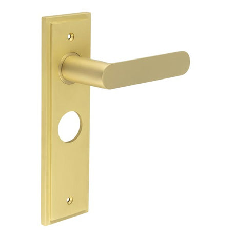 This is an image showing the Frelan - Kensington Door Handle Bathroom Backplate Satin Brass available to order from T.H. Wiggans Ironmongery in Kendal