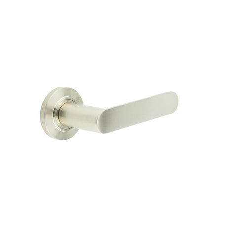 This is an image showing the Frelan - Kensington Door Handles Chamfered Rose Satin Nickel available to order from T.H. Wiggans Ironmongery in Kendal