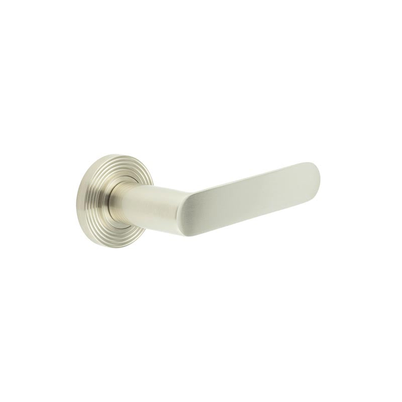 This is an image showing the Frelan - Kensington Door Handles Reeded Rose Satin Nickel available to order from T.H. Wiggans Ironmongery in Kendal