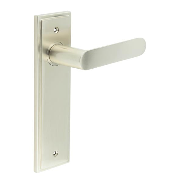 This is an image showing the Frelan - Kensington Door Handle Latch Backplate Satin Nickel available to order from T.H. Wiggans Ironmongery in Kendal