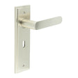 This is an image showing the Frelan - Kensington Door Handle Lock Backplate Satin Nickel available to order from T.H. Wiggans Ironmongery in Kendal