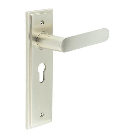 This is an image showing the Frelan - Kensington Door Handle Euro Backplate Satin Nickel available to order from T.H. Wiggans Ironmongery in Kendal