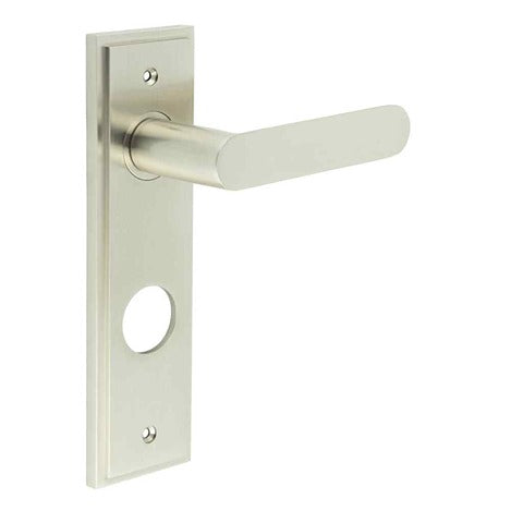 This is an image showing the Frelan - Kensington Door Handle Din Bathroom Backplate Satin Nickel available to order from T.H. Wiggans Ironmongery in Kendal