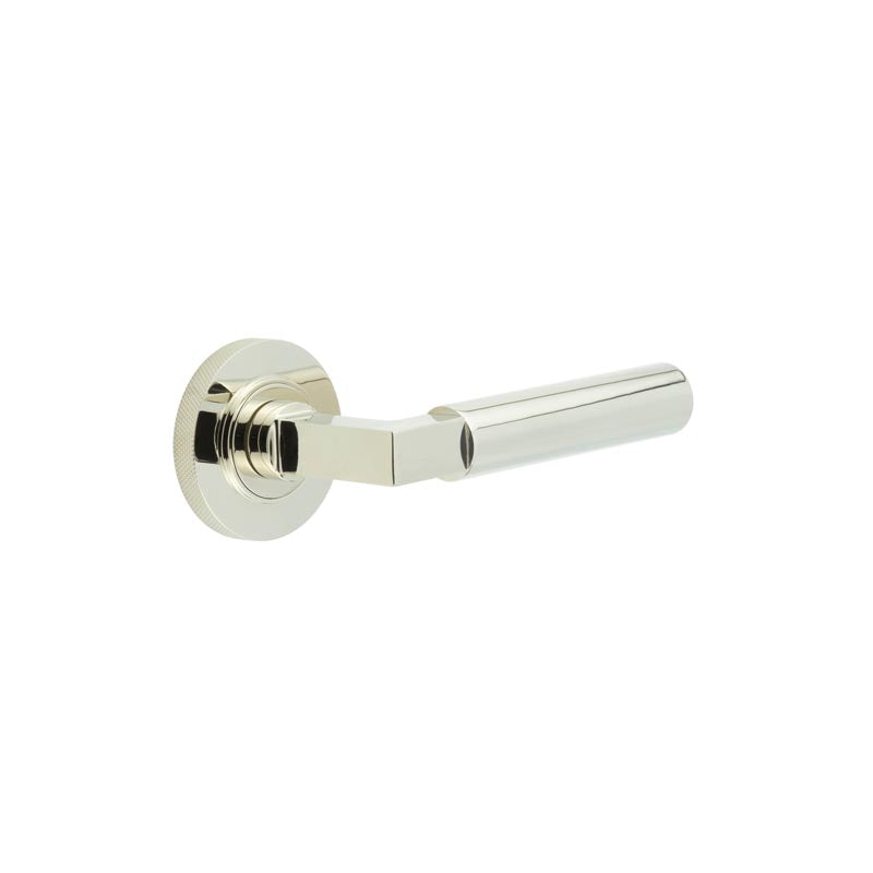 This is an image showing the Frelan - Westminster Door Handles Knurled Rose Polished Nickel available to order from T.H. Wiggans Ironmongery in Kendal